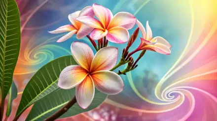 A vibrant 4K Ultra HD background featuring plumeria flowers in shades of pink and white, surrounded by colorful swirls and leaves, creating a lively and enchanting atmosphere.