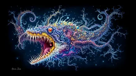 A vibrant deep sea creature, featuring intricate details and bold colors, set against a cosmic backdrop. This striking image serves as a 4K Ultra HD desktop wallpaper.