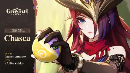 HD PC desktop wallpaper featuring Chasca, a character from the video game Genshin Impact, holding a glowing orb with a focused expression.