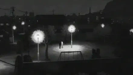 A haunting scene from Uzumaki: Spiral Into Horror, featuring a dark, eerie playground under stark streetlights, capturing the essence of unsettling manga and dark anime aesthetics.