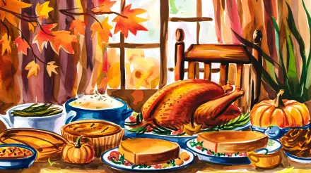 A vibrant Thanksgiving scene features a beautifully set table with a roasted turkey, side dishes, and seasonal decor, framed by colorful autumn leaves and warm sunlight. A charming 4K Ultra HD wallpaper.