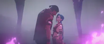 Sevika and Jinx from Arcane stand face to face, surrounded by a misty atmosphere in this dramatic 4K Ultra HD desktop wallpaper inspired by League of Legends.