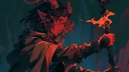 A striking HD desktop wallpaper featuring a tiefling demon in a dramatic pose, wielding a staff with swirling flames, showcasing intricate details and vibrant colors in an anime style.