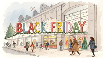 A vibrant illustration of a storefront adorned with festive decorations, prominently featuring BLACK FRIDAY signage, bustling shoppers, and a winter atmosphere, designed as a 4K Ultra HD wallpaper.