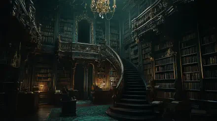 A dimly lit, opulent library featuring towering bookshelves, an ornate chandelier, and a grand staircase, embodying the essence of dark academia. 4K Ultra HD wallpaper.