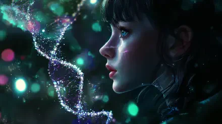 A digital artwork featuring a female profile illuminated by sparkling DNA strands, capturing the essence of genetics and scientific exploration in vibrant colors.