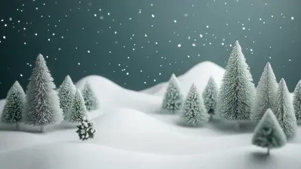 HD PC desktop wallpaper of snow-covered pine trees with gently falling snowflakes, capturing a serene Christmas winter scene.