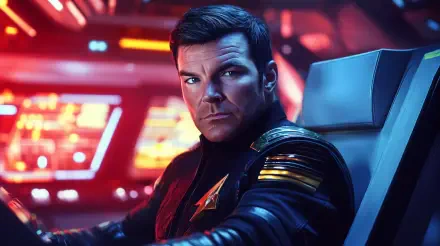 A starship captain depicted in a vibrant sci-fi setting, exuding determination and focus. This captivating image serves as a striking 4K Ultra HD desktop wallpaper.