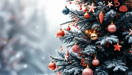 A 4K Ultra HD Christmas tree decorated with red and gold ornaments and star-shaped decorations, creating a festive holiday atmosphere.