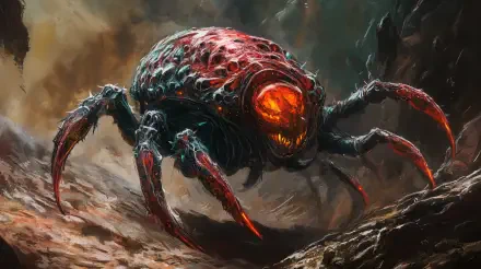 A vivid Sci-Fi depiction of a Void Walker, this alien creature boasts a sinister appearance with glowing orange eyes and textured, menacing limbs, making it an intriguing 4K Ultra HD wallpaper.