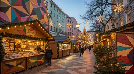 A vibrant Christmas market filled with colorful stalls, twinkling lights, and festive decorations, set against a charming street, captured in stunning 4K Ultra HD.