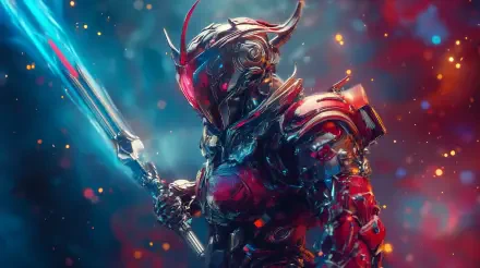 A striking sci-fi psionic warrior stands ready for battle, clad in intricate armor with vibrant colors, wielding a glowing sword against a dynamic cosmic backdrop. 4K Ultra HD quality.