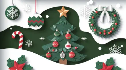 4K Ultra HD Christmas desktop wallpaper featuring a decorated Christmas tree, ornaments, wreath, candy cane, and festive holiday decorations with snowflakes.