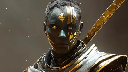 A striking Psionic Warrior stands boldly, adorned in intricate armor with golden accents, set against a cosmic backdrop. This 4K Ultra HD image captivates with its sci-fi allure.