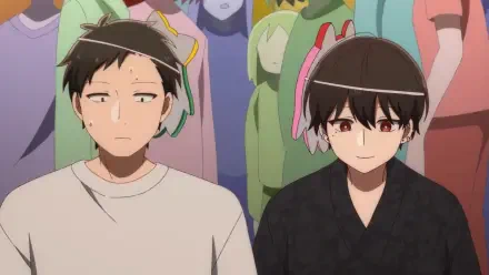 Anime-themed HD desktop wallpaper depicting two characters at an all-guy's mixer, highlighting their contrasting expressions amidst a colorful background of other attendees.