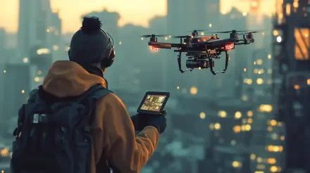 A man in a beanie operates a drone while overlooking a cityscape at dusk, emphasizing the blend of technology and urban life in this 4K Ultra HD wallpaper.