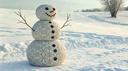 A charming snowman adorned with buttons and a smile stands in a snowy landscape, capturing the winter essence in this 4K Ultra HD desktop wallpaper.