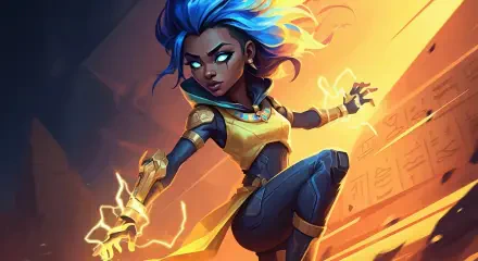 Neon (Valorant)—blue hair, glowing eyes and electric sparks in a dynamic pose; vibrant 2K Quad HD PC desktop wallpaper/background from Valorant.