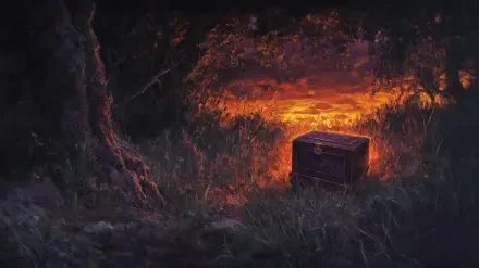 A mysterious Pandora’s Box rests in a lush, dark forest, illuminated by a warm, glowing light. This captivating image serves as a stunning HD desktop wallpaper and background.