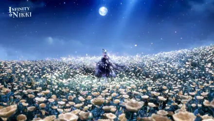 A stunning HD desktop wallpaper from the video game Infinity Nikki, featuring a character surrounded by a field of flowers under a shining moon and starry sky.