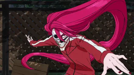 Aira Shiratori from Dandadan with flowing magenta hair, skeletal grin and red tracksuit in a dynamic pose — HD PC desktop wallpaper/background.
