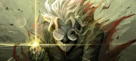 HD anime desktop wallpaper featuring a dark, intense character from Dandadan with wild white hair, goggles, and a glowing finger, evoking Ken Takakura's tough persona.