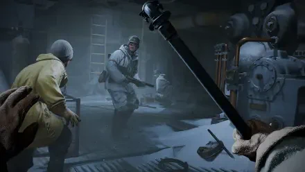 A dramatic scene inspired by the video game Indiana Jones and the Great Circle, featuring characters in winter gear amidst a tense, shadowy environment. High-definition PC wallpaper.