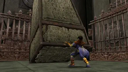 A scene from the video game Legacy of Kain: Soul Reaver 1 & 2 Remastered, featuring a character interacting with an ancient stone structure in a dark, atmospheric environment.
