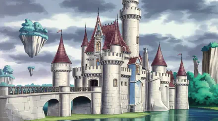 A whimsical fairytale castle stands majestically by the water, featuring tall towers and red rooftops, set against a dramatic sky. A stunning 4K Ultra HD desktop wallpaper and background.