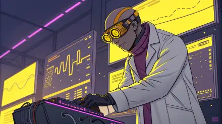 A cyberneticist in a futuristic lab, wearing goggles and a lab coat, works on high-tech equipment while vibrant screens display data and graphs in the background. 4K Ultra HD wallpaper.