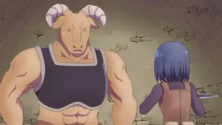 Anime-style HD PC desktop wallpaper from Dungeon People, featuring a muscular minotaur character and a blue-haired figure in a dungeon setting.