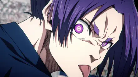 HD PC desktop wallpaper featuring Reo Mikage from Blue Lock with intense purple eyes and fierce expression.