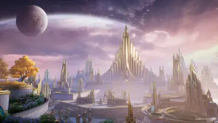 A stunning HD desktop wallpaper from the video game Marvel Rivals, featuring a majestic landscape with a grand structure, planets, and a mystical atmosphere.