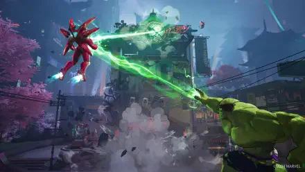 A dynamic scene from the video game Marvel Rivals, featuring the Hulk unleashing green energy against a red character amidst a colorful and chaotic backdrop. HD wallpaper for PC.