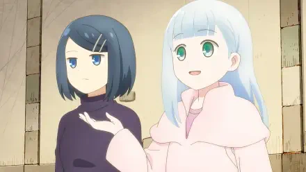 Two anime characters stand in a dungeon setting, one with short black hair and a serious expression, the other with long light blue hair, smiling and gesturing, creating an engaging HD desktop wallpaper.