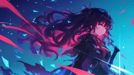 A striking HD anime wallpaper featuring Ai Hoshino from Oshi no Ko, showcasing vibrant blue tones and dynamic movement in her flowing hair against a vivid backdrop.