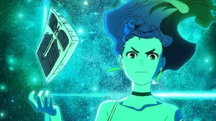 HD PC desktop wallpaper featuring Momo Ayase from the anime Dandadan, set against a vibrant, glowing cosmic background.