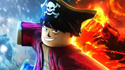A vibrant HD wallpaper depicting a character from Roblox's Blox Fruits, featuring a pirate theme with dynamic colorful backgrounds of fire and ice.