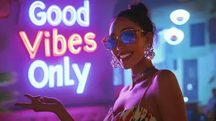 A stylish girl wearing sunglasses and Y2K-inspired earrings smiles confidently beside a neon Good Vibes Only sign, captured in an HD desktop wallpaper background.