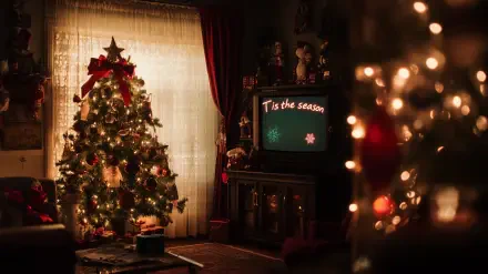 A cozy Christmas scene featuring a beautifully decorated tree, warm lighting, and an old TV displaying the quote Tis the season, creating a festive atmosphere.