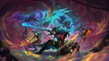 Dynamic 8K Ultra HD wallpaper featuring Camille, Yone, Varus, and Pyke from League of Legends, showcasing intense action and vibrant colors in a fantasy battle scene.