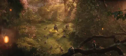 A vibrant scene from the 2025 movie Snow White, featuring the character in a yellow dress surrounded by animals in a sunlit forest filled with lush greenery and colorful flowers.