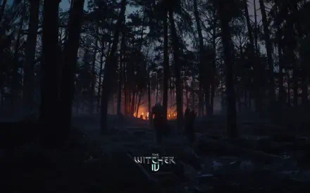 HD wallpaper for The Witcher IV, featuring a dark forest scene illuminated by distant flames, creating an atmospheric setting for the iconic video game.