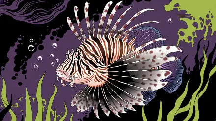 A vibrant 4K Ultra HD wallpaper featuring a striking lionfish surrounded by colorful underwater elements and bubbles, capturing the beauty of marine life.