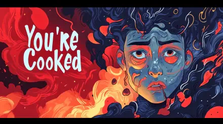 A vibrant and dramatic 4K Ultra HD wallpaper featuring an expressive character surrounded by flames, with the text You're Cooked boldly illustrated.