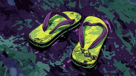A vibrant pair of green and purple flip flops rests against a dark, textured background, showcased as a detailed 4K Ultra HD desktop wallpaper and background.