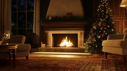 A cozy living room featuring a warm fireplace and a beautifully decorated Christmas tree, creating a festive and inviting atmosphere. 4K Ultra HD wallpaper and background.