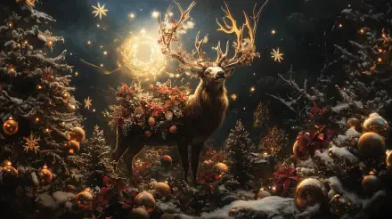 A majestic reindeer adorned with festive decorations stands among snowy trees, surrounded by glowing orbs and twinkling stars, capturing the essence of holiday spirit in stunning 4K Ultra HD.