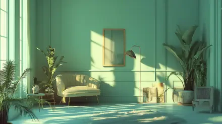 A serene interior featuring mint green walls, a cozy sofa, a stylish lamp, and lush plants, creating a tranquil atmosphere in this 4K Ultra HD wallpaper.