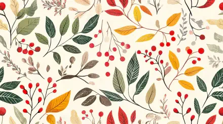 A vibrant holiday pattern featuring colorful leaves and berries, set against a cream background. This design is available as a 4K Ultra HD PC desktop wallpaper.